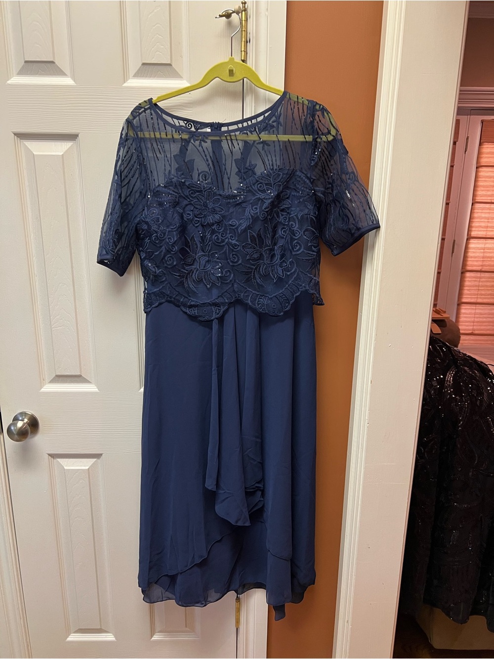 Navy Lace Appliqué Midi Dress with Chiffon Skirt